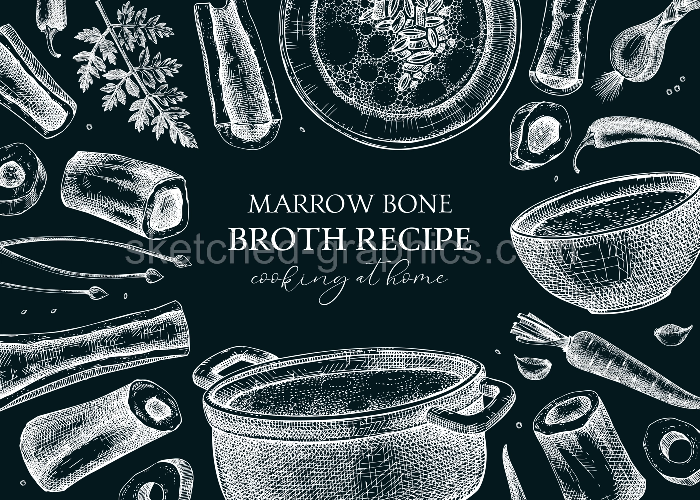 Healthy food background. Marrow bone broth frame. Hot soup served on plates, pans, bowls, vegetables, marrow bones sketches. Engraved vector food illustrations isolated on chalkboard Illustration